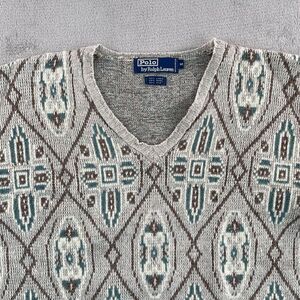 Vintage Polo Ralph Lauren V Neck Sweater Men Medium Aztec Navajo Linen Wool Silk